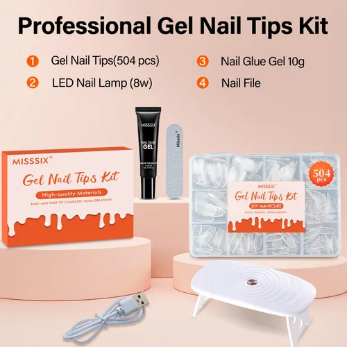 Vista 6 de Misssix Kit de puntas de uñas de gel corto de almendra, 504 piezas de uñas Kit de almendras cortas transparentes (504 piezas con 3 herramientas)
