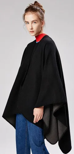 Vista 4 de Chal para mujer, bufanda de invierno sólida, cárdigan suelto frontal abierto, elegante capa de poncho