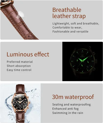 Vista 6 de OLEVS Women Watch Brown Leather Straps Ladies Rose Gold Elegant Luxury Dress Chronograph Waterproof Wrist Watch Date Day