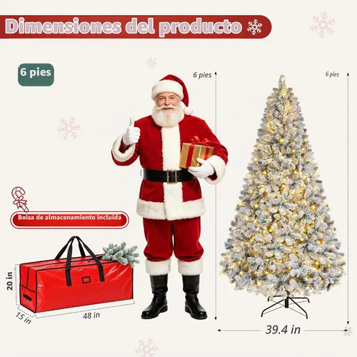 Vista 2 de Firstness Árbol de Navidad artificial flocado de nieve de 6 pies con bolsa Silueta densa completa, 250 luces LED cálidas y multicolor, 11 modos