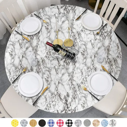 Vista 15 de Mantel redondo de vinilo de plástico ajustable con parte trasera de franela y borde elástico, protector de mesa impermeable para mesa de comedor