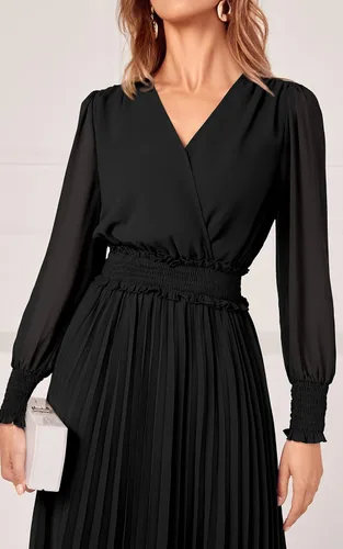 Vista 3 de PRETTYGARDEN Vestidos cruzados con cuello en V para mujer, para invitados de boda, casual, plisado, manga larga, vestido largo fruncido con volantes