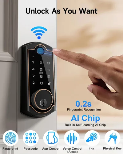 Vista 2 de Cerradura Inteligente ST380, Wi-Fi Integrado, Cerradura de Puerta de Entrada sin Llave con Huella Dactilar, Cerraduras de Seguridad de Cerrojo
