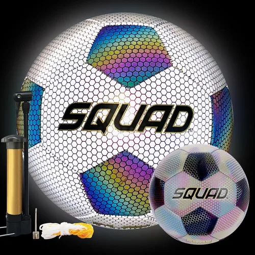 Vista 9 de SQUAD Balón de fútbol holográfico reflectante tamaño 5 – Pelota reflectante brillante para juegos nocturnos y entrenamiento – Cuero sintético