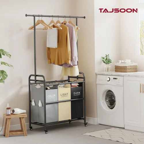 Vista 2 de Tajsoon Carrito Clasificador de Lavandería con Perchero para Colgar Ropa, Organizador de 3 Cestas Clasificadoras Butler, Carrito Cesto de Lavandería