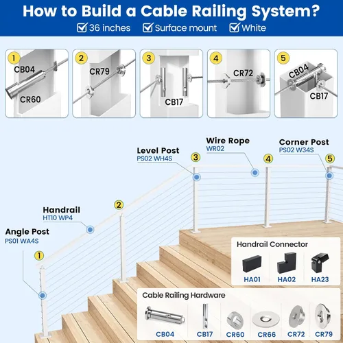 Vista 7 de Muzata Barandilla de cable blanco de 6 pies 6 pulgadas Pasamanos rectangular de acero inoxidable para sistema de barandilla de cable Riel superior