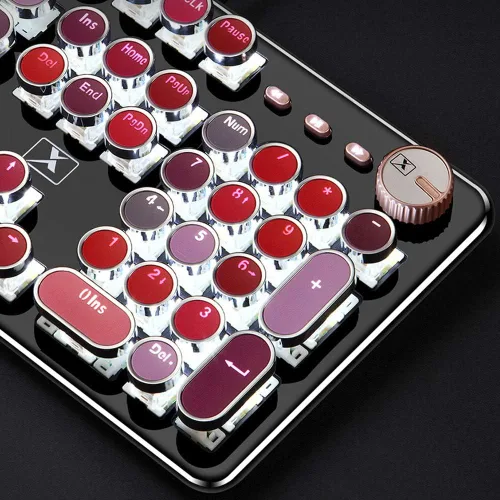 Vista 5 de Corn K520 Teclado mecánico para juegos de lápiz labial Panel de metal redondo retro retroiluminado 104 teclas USB con cable interruptor azul