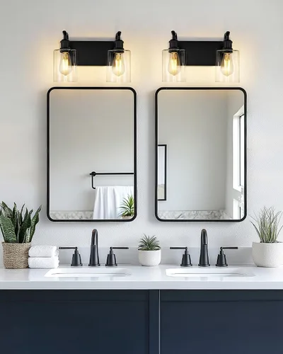 Vista 5 de Lámpara de baño negra de 2 luces sobre el espejo, luz de tocador moderna, aplique de pared de vidrio transparente, VL01BK-2 Cristal negro