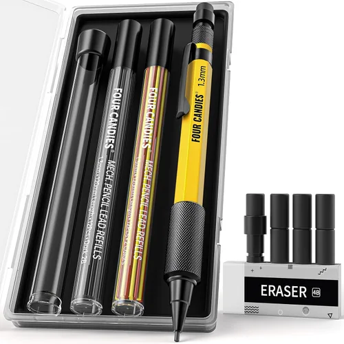 Vista 15 de Four Candies Juego de lápices mecánicos de 1.3mm con 24 repuestos de plomo, lápiz de carpintero de metal resistente a la intemperie para uso pesado