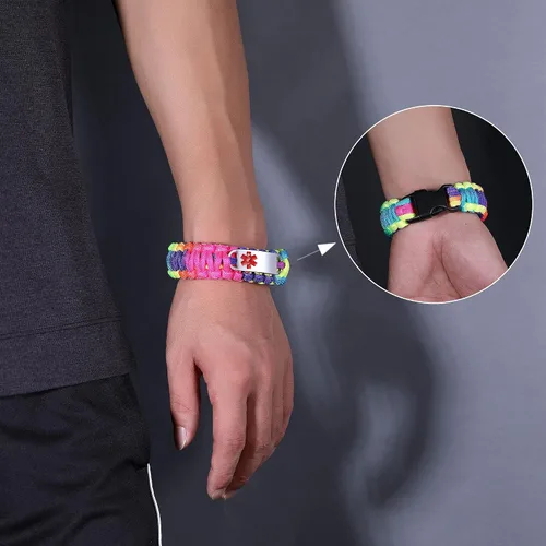 Vista 4 de Pulsera de alerta médica Paracord para hombres y mujeres Pulsera de identificación médica de acero inoxidable con hebillas de liberación lateral