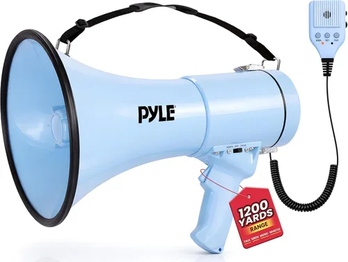 Vista 9 de Pyle 50W Megaphone Bullhorn - Portable, Automatic Siren & Adjustable Volume, Projection Range Up to 1200 Square Yards, Aux Input, Talk, Siren
