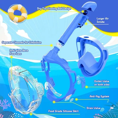Vista 7 de Kids Full Face Snorkel Mask, Snorkeling Gear for Kids, Kids Scuba Mask and Snorkel, Diving Mask, Snorkeling Set, 180 Degree Panoramic View Anti-Fog