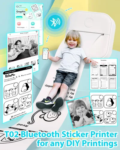 Vista 2 de Phomemo Impresora de etiquetas - Impresora mini de etiquetas adhesivas, máquina portátil sin tinta T02, creadora de fotos térmica Bluetooth