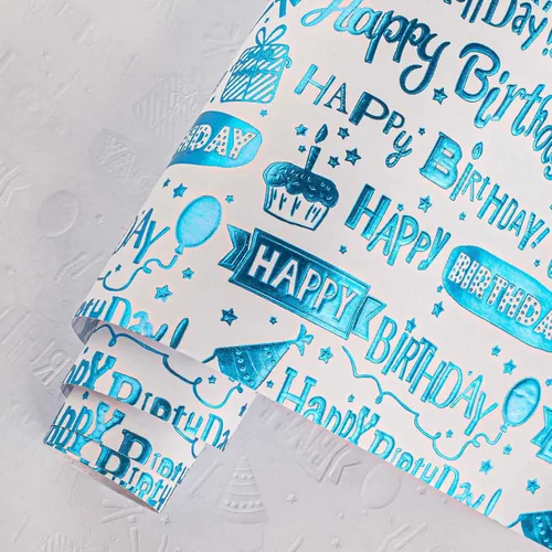 Vista 8 de Homeral Rollo de papel de regalo azul para cumpleaños - 17 pulgadas x 16.5 pies, con letras reversibles de "Feliz Cumpleaños" y velas coloridas.