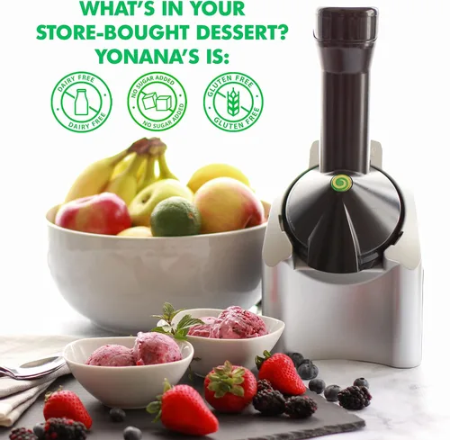 Vista 3 de Yonanas - Máquina clásica de helado de fruta congelada para golosinas veganas y sin lácteos saludables, máquina plateada de 200W con 36 recetas