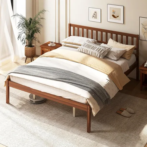 Vista 10 de Giantex Base de cama individual con cabecero, cama de plataforma de madera maciza con soporte de listones de madera, cama individual