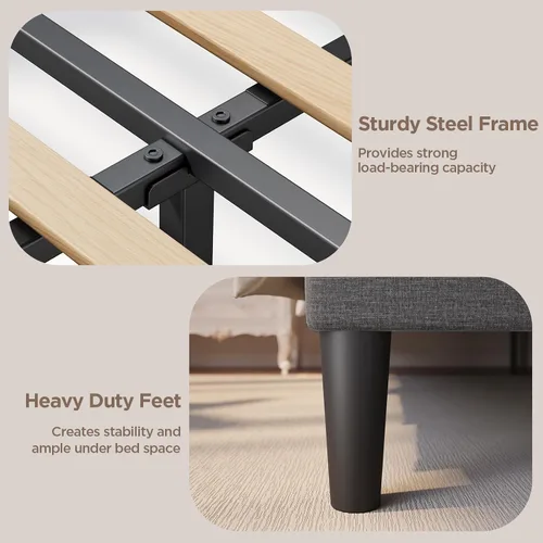 Vista 7 de Aiho - Base de cama tapizada de tamaño matrimonial con cabecera con respaldo de ala, color gris oscuro Button Tufted Headboard, Wood Slat Support