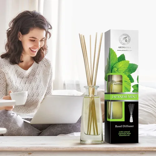 Vista 2 de Difusor de varillas de menta japonesa, 3.4 onzas líquidas, difusor perfumado con palos de ratán, fragancia de menta, recarga de difusor