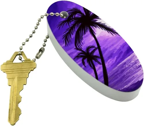 Vista 2 de GRAPHICS & MORE Purple Sunset Beach Palm Tree Hawaii Paradise Llavero flotante de espuma ovalada para barco de pesca, boya