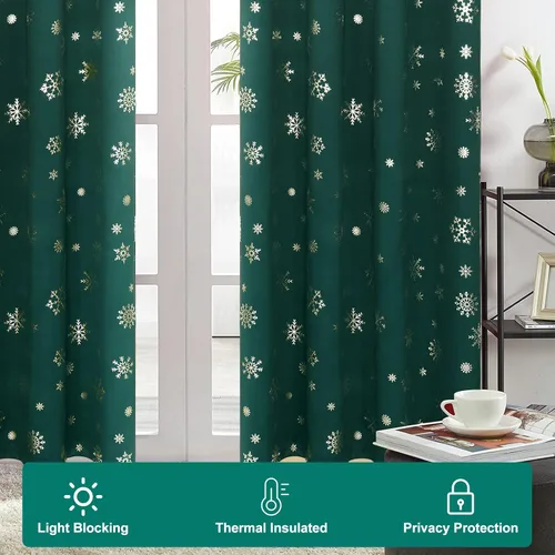 Vista 5 de FRAMICS Cortinas de Navidad con estampado de copos de nieve dorados en papel de aluminio, cortinas opacas con aislamiento térmico para sala de estar