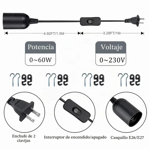 Vista 4 de Cable de luz colgante colgante - Enchufe de bombilla con cable E26/E27 enchufe de luz, cable de linterna colgante de extensión con interruptor