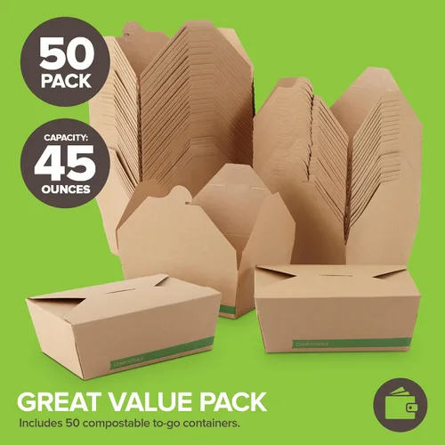 Vista 2 de Juego de 50 recipientes desechables de 45 onzas compostables para alimentos, cajas medianas de papel para llevar, cajas de cartón kraft natural