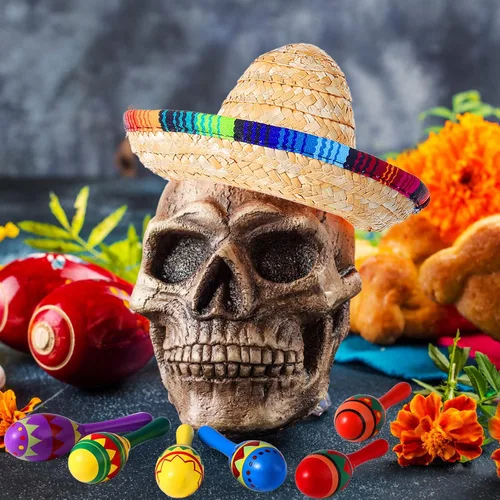 Vista 6 de 12 maracas de madera de colores y 6 sombreros de mini sombrero, recuerdos de fiesta mexicana y suministros para carnavales