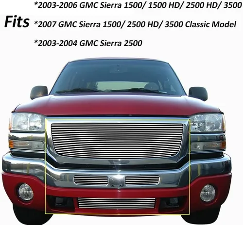 Vista 6 de Rejilla cromada para GMC Sierra 1500/2500HD/3500 2003-2007, insertos frontales de parrilla de aluminio de 3 piezas, guarda de reemplazo 04 05 06