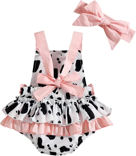 Vista 2 de IDOPIP Baby Girls Cow Print Romper Summer Sleeveless Jumpsuit Ruffle Backless Sunsuit Dress with Headband Cow Birthday Outfit