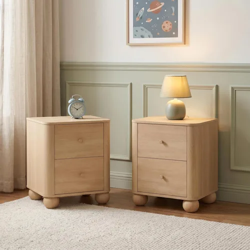 Vista 4 de Linley Moderna Mesita de noche curvada de madera con 2 cajones con patas redondas Roble costero