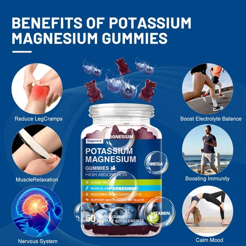 Vista 4 de Gomitas de potasio y magnesio, glicinato de magnesio B6, D3 y citrato de potasio para calambres en las piernas, músculo, electroyte para adultos
