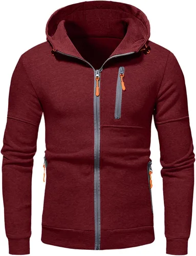 Vista 4 de Holzkary Sudadera con capucha y bolsillo con cremallera completa para hombre, sudadera de manga larga sólida