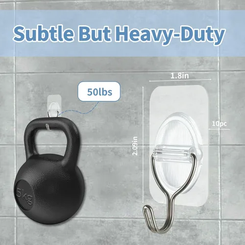 Vista 2 de Ganchos adhesivos de pared sin daños, ganchos adhesivos para colgar, paquete de 10 – acero inoxidable transparente de 11.0 lbs resistente