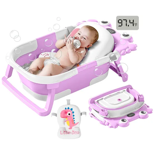 Vista 10 de Bañera plegable para bebés desde recién nacidos hasta niños pequeños con monitor de temperatura en tiempo real + cojín flotante, juego de bañera