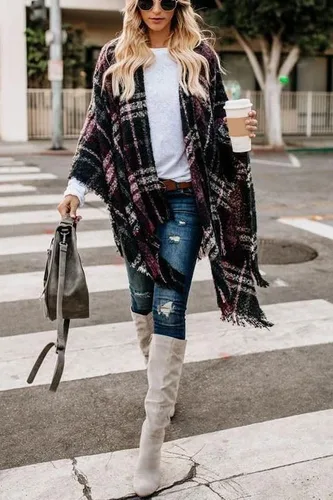 Vista 5 de Bestshe - Elegante poncho con parte delantera abierta para mujer, diseño de bloques de color, chal de punto de gran tamaño para mujer