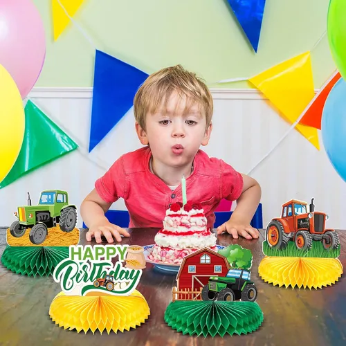 Vista 6 de Zonon 6 piezas de decoración de cumpleaños de tractor, centro de mesa de panal de abeja, suministros de fiesta, decoración de granja para tractores
