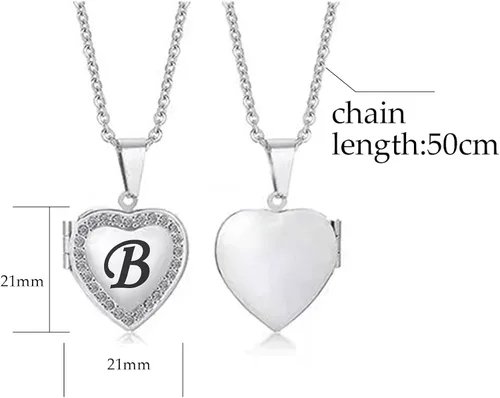 Vista 2 de KunBead Collar con dije de corazón con inicial para mujer con piedra natal que sostiene fotos para la familia, Metal, vidrio