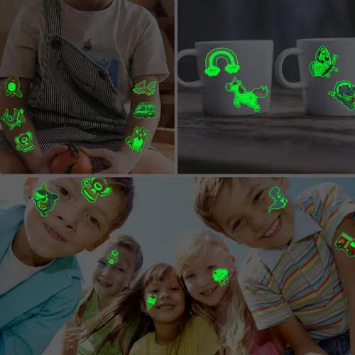 Vista 5 de CHARLENT 204 tatuajes temporales luminosos envueltos individualmente para niños, tatuajes divertidos que brillan en la oscuridad para niños y niñas