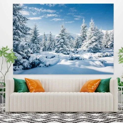 Vista 4 de Arrebolart Tapiz de bosque de invierno para colgar en la pared, pinos en tapiz nevado, tapiz de paisaje de Feliz Navidad, arte de pared para niños