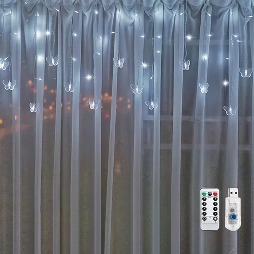 Vista 10 de Guirnalda de luces de cadena de hadas con cortina de mariposa, 120 LED, 8 modos, temporizador alimentado por USB, luz parpadeante de luciérnaga