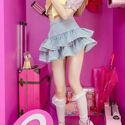 Vista 2 de Falda de mezclilla coreana Kawaii de doble capa para mujer