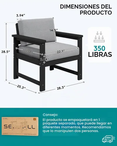 Vista 2 de SERWALL Juego de sofá de 2 piezas de sillón Adirondack acolchado de Marco negro/cojín gris