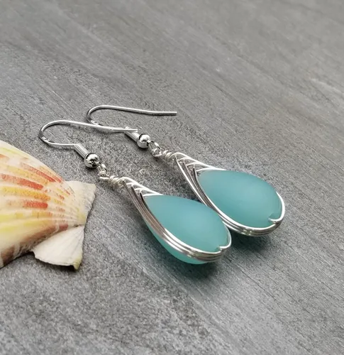 Vista 17 de Yinahawaii Handmade Sea Glass Earrings, Hawaiian Jewelry, Wire Braided Earrings Teardrop Earrings, Beach Jewelry Sea Glass Jewelry For Women Cobalt