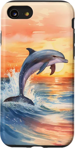 Vista 18 de Dolphin Jumping Sunset Over Ocean Watercolor Art Case for iPhone 17