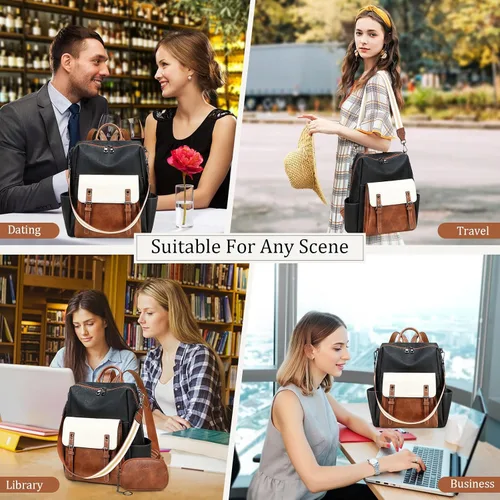 Vista 7 de AGLOD Mochila de cuero sintético para mujer, bolsos de viaje de moda para mujer, bolsos de viaje de trabajo de imitación, Beige- negro-marrón
