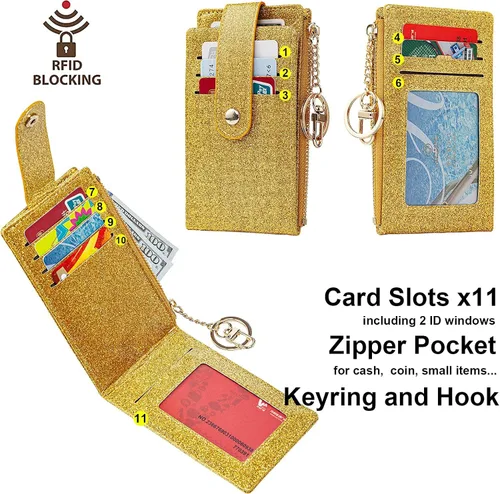 Vista 21 de Tarjetero delgado con bloqueo RFID, billetera de bolsillo pequeño, con cremallera Keychian para monedero, monedero y tarjetero para mujeres y hombres