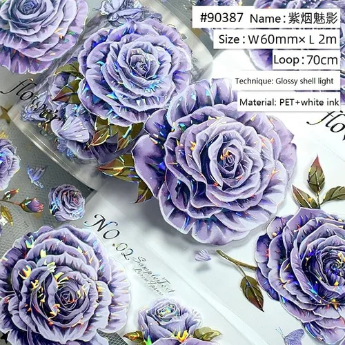 Vista 4 de Cinta washi de rosa para collage original de flores, creatividad, hecha a mano, para libro de diario, material PET con efecto láser (90387)
