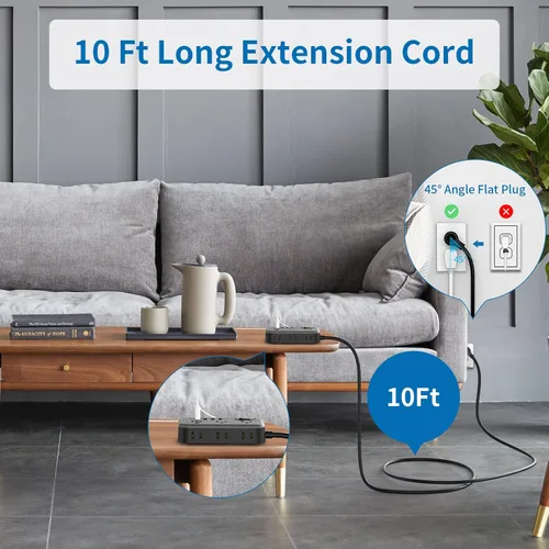 Vista 2 de NTONPOWER - Cable de extensión de enchufe plano de 10 pies, regleta de alimentación con 6 salidas ampliamente espaciadas (2 lados) con 4 puertos