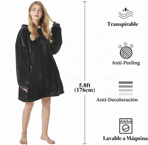 Vista 5 de Felicigeely Blanket Hoodie Wearable Blanket Sweatshirt Oversized Hooded Blanket Sweater Gift for Women Negro