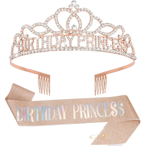 Vista 13 de CIEHER Set de Corona y Banda, Decoraciones de Cumpleaños de Princesa, Oro, Talla única